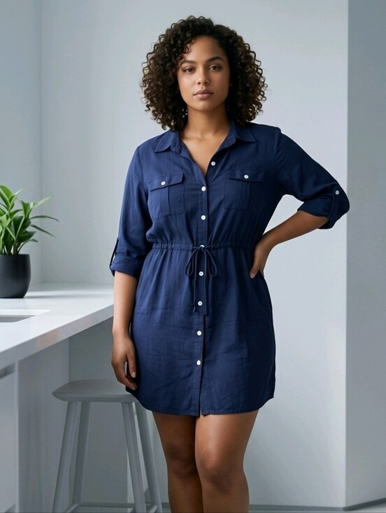 VENUS Dresses & Skirts - VENUS Navy Shirt Dress Beach Coverup Roll Tab Sleeve Nautical Mini XL Tunic